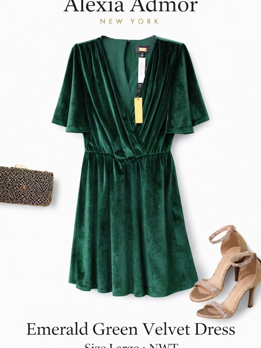 Alexia Admor Emerald Green Velvet Dress Size Large NWT Flutter Sleeve Glam Party - Picture 2 of 11